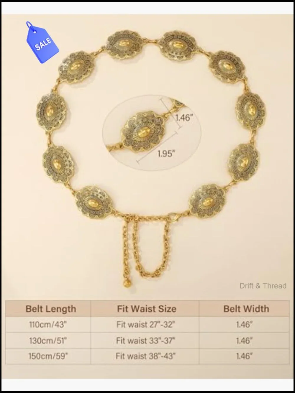 Western Concho Chain Belt for Women Adjustable Lobster Clasp Waist Belt